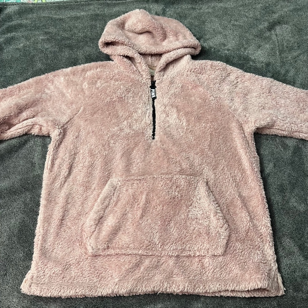 Victoria's Secret PINK Sherpa Fleece Quarter Zip Hoodie Dusty Rose Pink Medium - Picture 3 of 7